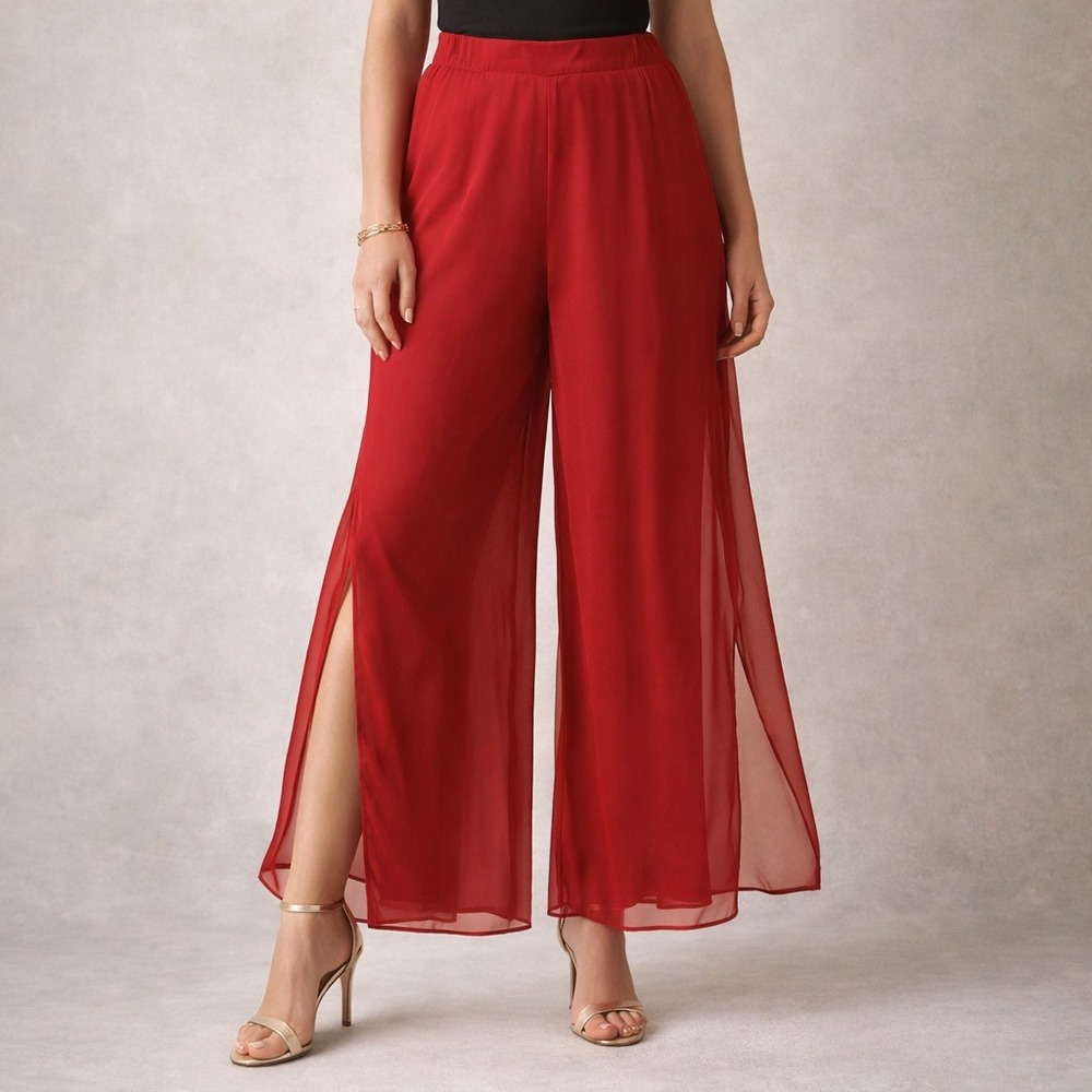 Vintage Y2K Wide Leg Palazzo Pants‎ 10P Red Satin Sheer Chiffon Overlay Evening